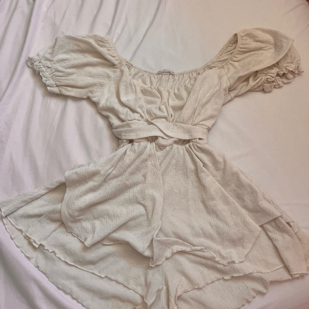 Cream Off-Shoulder Romper with Waist Tie